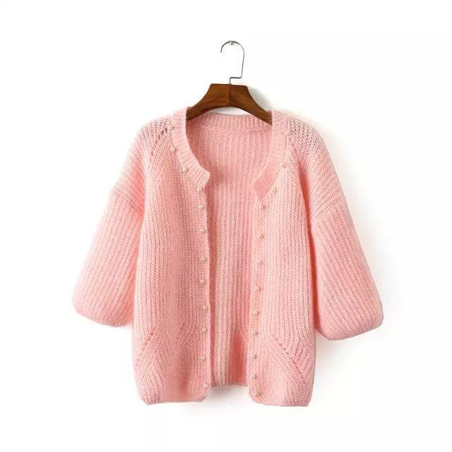 Spring Fashion women sweet pink Pearl hollow out short Knitted sweaters cardigan Three Quarter sleeve casual outwear brand