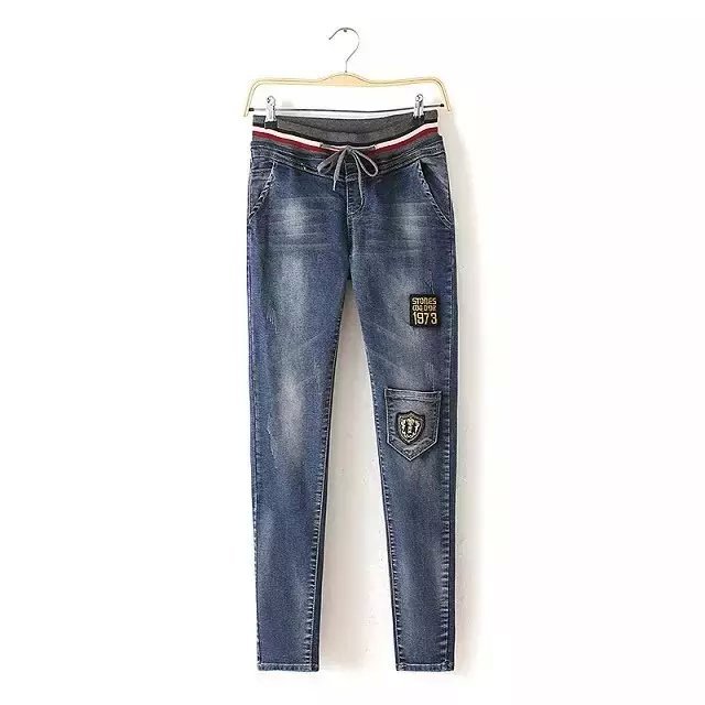 straight jeans Women Fashion Stripe waist Drawstring Denim trousers Patch pockets skinny pants Plus Size brand design