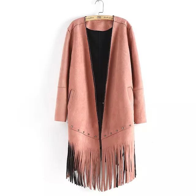 Suede Leather Jacket for Women Fashion Autumn Pink Tassel rivet pocket Cardigans Casual Long sleeve brand mujer