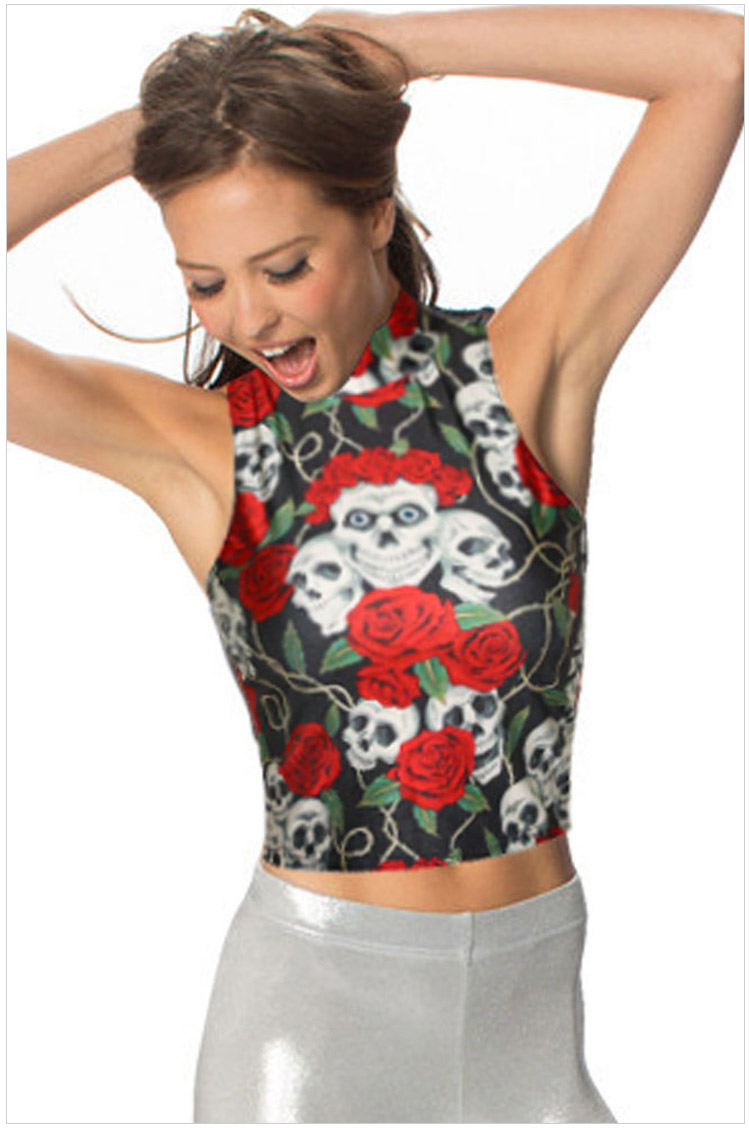 Summer Fashion Women Rose Skull Print Turtleneck sleeveless casual cozy stretch brand designer Tank Crop tops