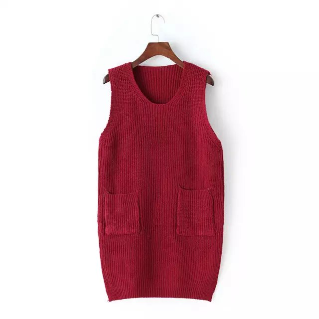 Winter American Fashion women Elegant school Style red pocket O-neck Knitted mini Tank Dress sleeveless casual brand