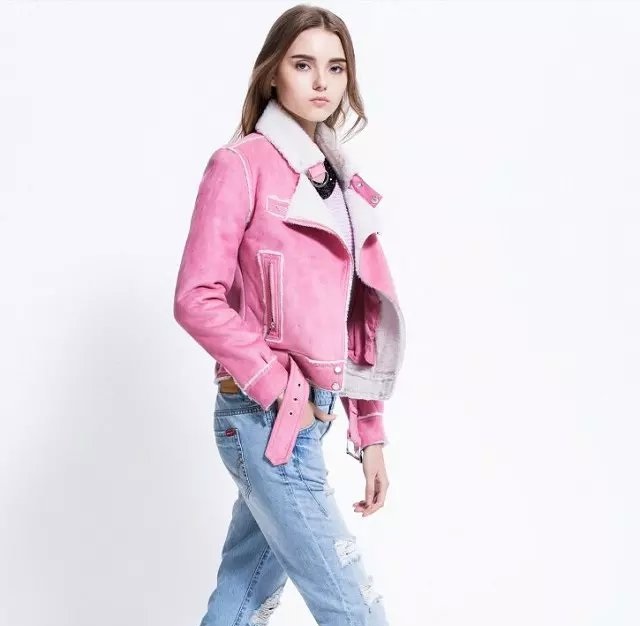 winter Fashion women elegant punk pink Pocket zipper Suede Leather coat long sleeve outwear plus size casual brand