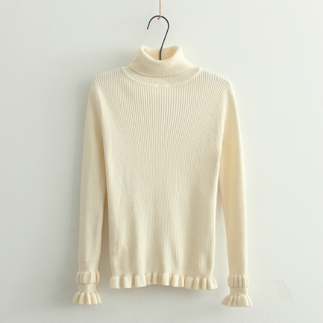 Winter Fashion women thick warm beige Pullover knitwear basic Turtleneck ruffles long Sleeve Casual knitted sweaters brand