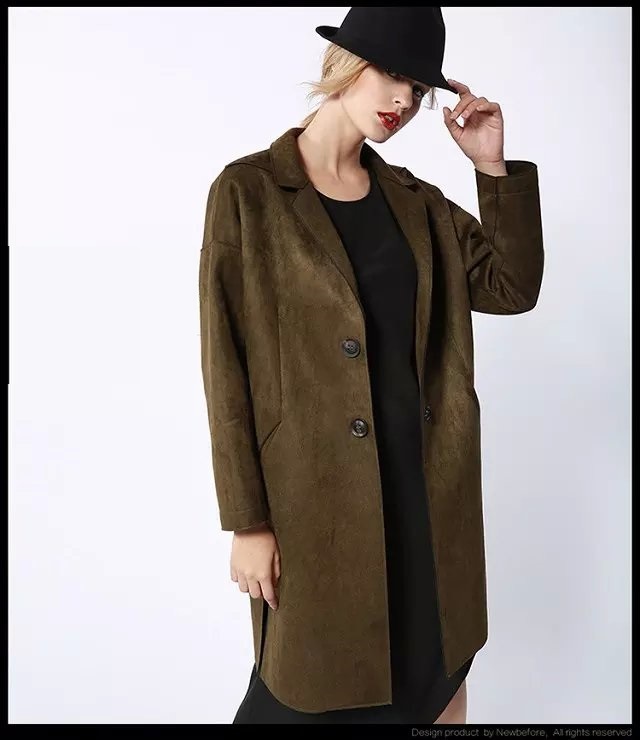 Winter Faux Suede Leather windbreaker for women European Fashion Long Sleeve long trench coat Casual brand