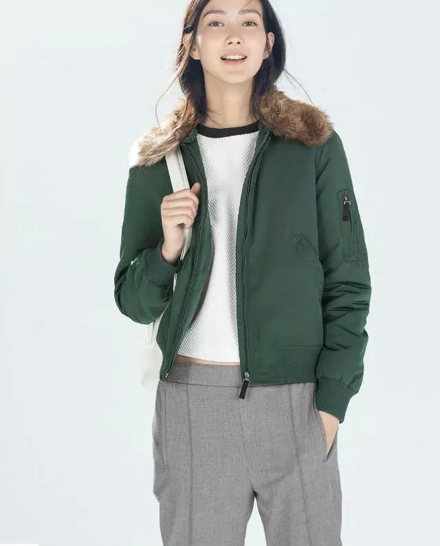 Winter Jacket for Women Elegant green Warm Cotton Fur turn-down collar Zipper Pocket short Parkas casual brand Coat