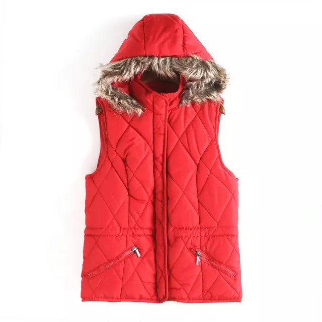 Winter Jacket Women Elegant Fur Cotton Hooded Zipper Pocket Sleeveless Parka Coat Outwear Casual Vest Red Black