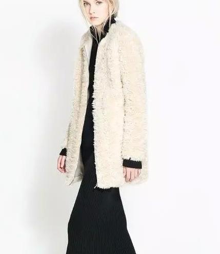 Winter women European fashion elegant Beige Fur Long coat long sleeve warm zipper pocket O-neck outwear casual brand