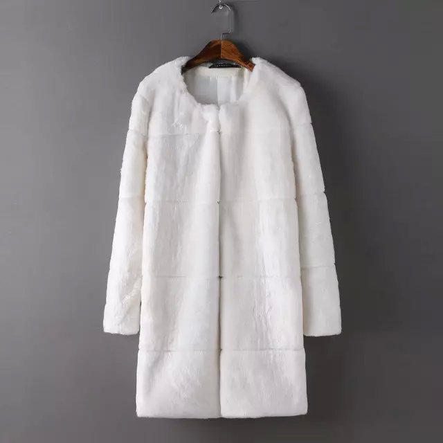Winter women European fashion elegant white Fur Long coat long sleeve button O-neck Thick warm outwear casual brand