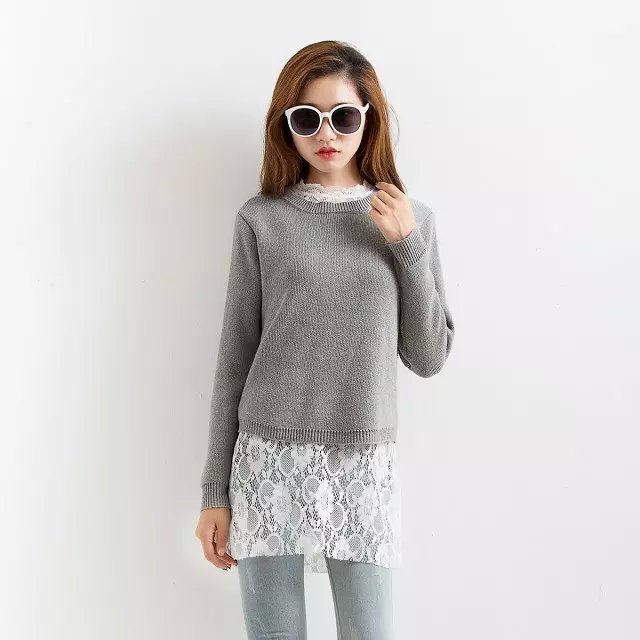 winter Women Two Piece Sets New Fashion Gray Knitted Sweaters + blouse O-Neck long Sleeve lace Pullover casual Brand