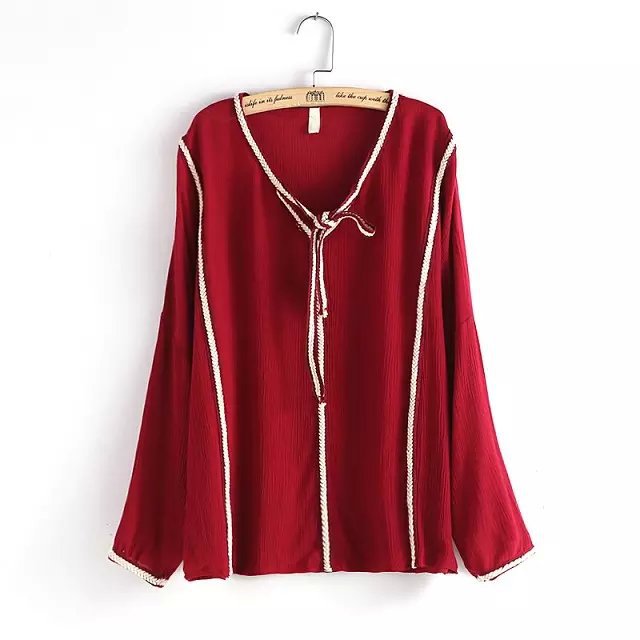 Women Autumn Blouse Shirt Red Vintage Fashion Weave Edge V-neck Bohemia Style long Sleeve shirts Casual brand Tops Black