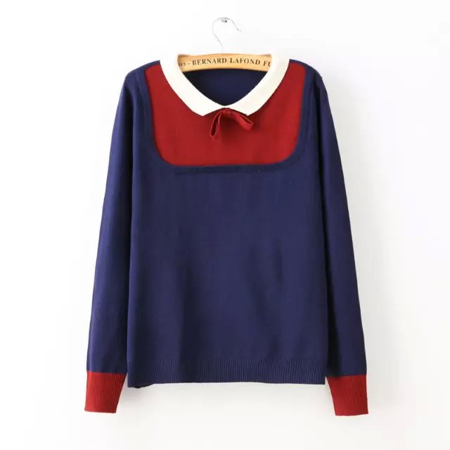 Women Autumn Fashion cute school style blue Knitted sweaters Peter Pan Collar Pullover long sleeve bow Casual brand tops