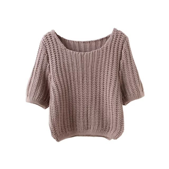 Women Autumn fashion Knitted short Sweaters Khaki stretch pullovers O-Neck casual Half Sleeve Brand Tops