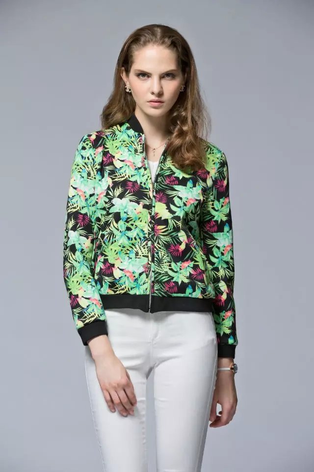 Women baseball jacket Fashion Autumn Floral print zipper O Neck pocket green Casual Long sleeve brand tops