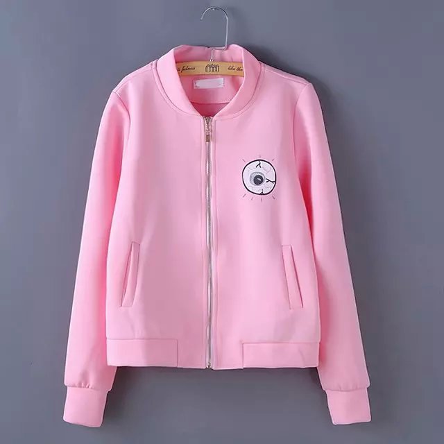 Women baseball jacket Fashion Pink Eye Letter Print Zipper pocket Casual Long sleeve sports brand Street Wear