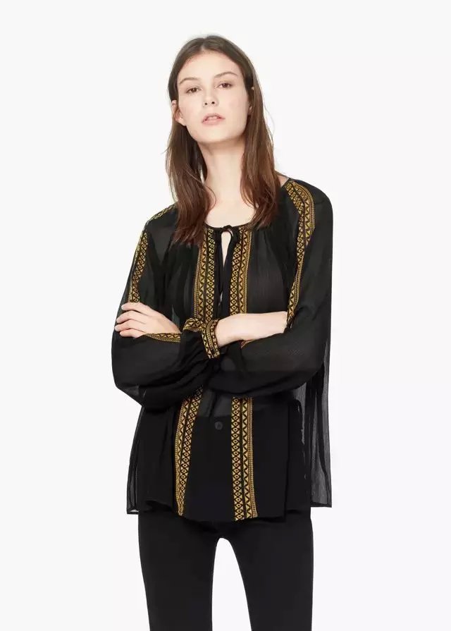 Women blouse Fashion Black Elegant vintage chiffon Geometric Embroidery drawstring O-neck long Sleeve Retro casual female