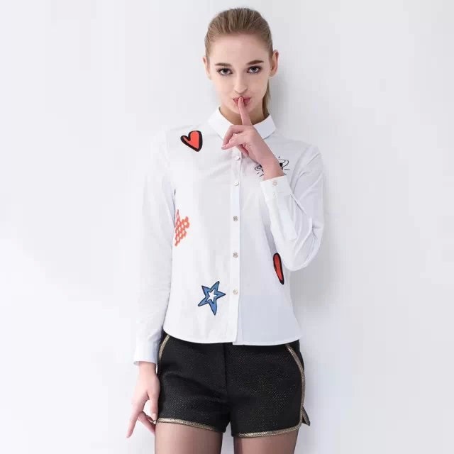 Women Blouse Fashion Cartoon Embroidery Turn-down Collar long Sleeve Office Lady White shirt blusas camisa Brand