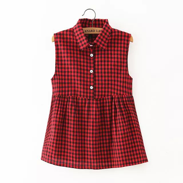Women Blouse Fashion Plaid Print Turn-down Collar Sleeveless Red office formal loose short shirt blusas Brand tops