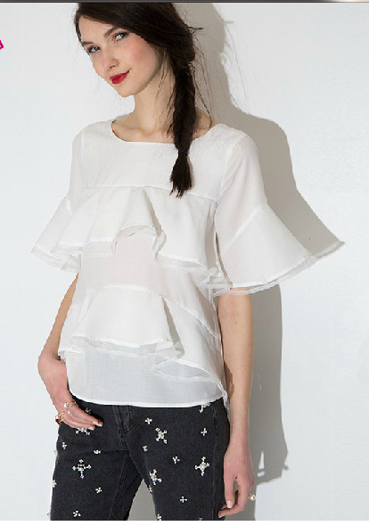 Women blouses Fashion Summer Organza Patchwork O neck Butterfly Sleeve Shirts Casual Slim Tops