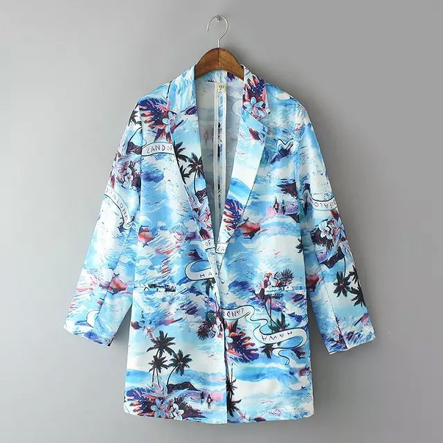 Women Brand jackets Fashion Sandy beach Coconut tree Print pocket Blazers long sleeve suit basic feminino womenswear female