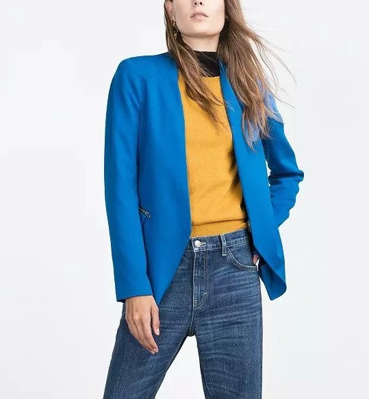 Women Brand jackets Fashion Standing collar Zipper pocket Blazers long sleeve blue suit basic feminino womenswear female