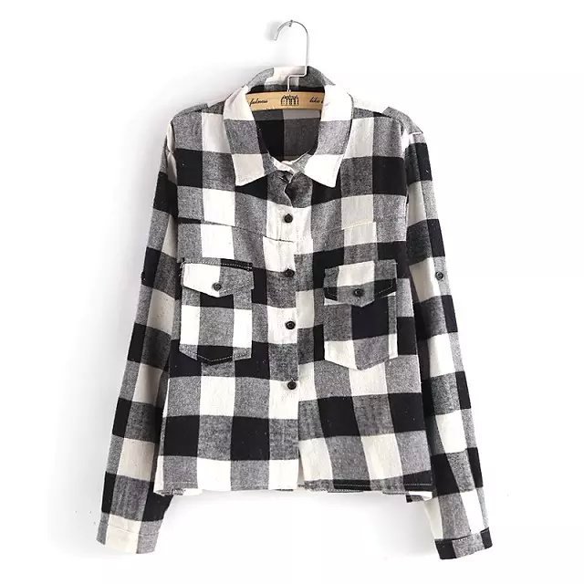 Women Cotton Blouse Fashion School style Black Plaid Pattern Pocket Turn down collar long Sleeve shirts Casual brand Tops