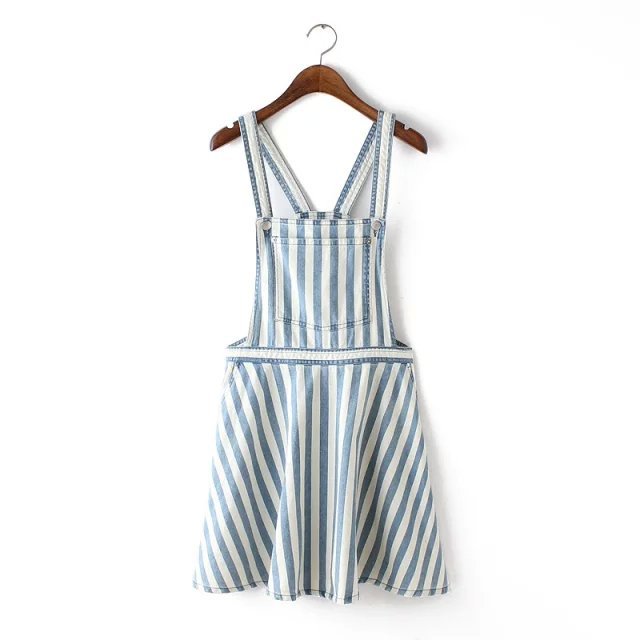 Women dress Fashion Blue White Stripes Spaghetti Strap Denim school pockets Dresses sleeveless casual brand designer