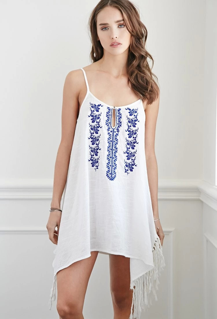 Women dress Fashion White Spaghetti Strap Floral Embroidery mini Dresses sleeveless hollow out tassel casual brand designer