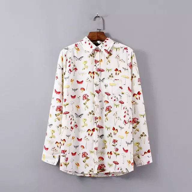 Women fashion elegant Floral mushroom print blouses long sleeve Button pocket Turn-down collar shirt casual brand tops