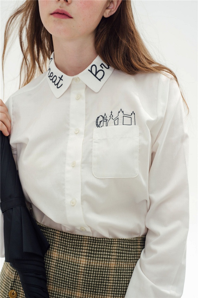 Women fashion elegant school style white cotton Letter Embroidery pocket blouse turn-down collar button shirt casual brand