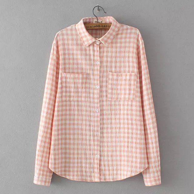 Women Fashion Pink plaid print blouses turn- down collar work wear pockets cotton button shirt casual loose brand female