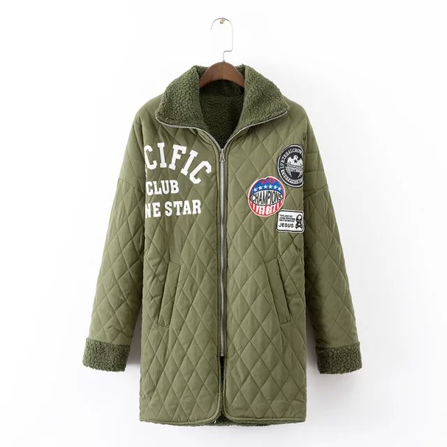 Women Fashion Winter thick warm Letter print Embroidery patchwork green jacket cotton zipper pocket Casual brand parkas