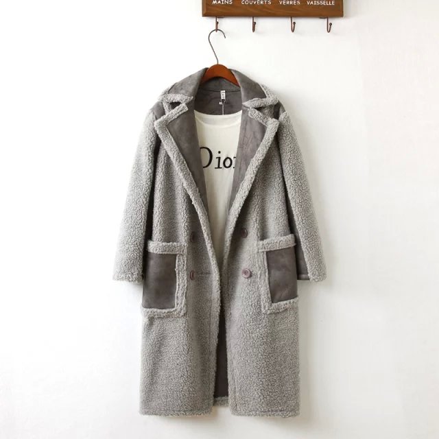 Women fashion winter Thicken Warm Jacket Faux Fur gray Double Breasted pocket long sleeve turn-down collar coat