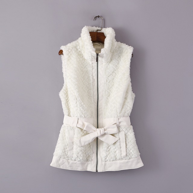 Women Fashion winter White Faux leather patchwork Faux Fur vest with belt bow Sleeveless stand collar casual brand female