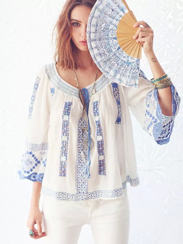 Women feminine blouse European style Fashion vintage floral Embroidered Tassel Three Quarter Sleeve shirt casual Brand tops