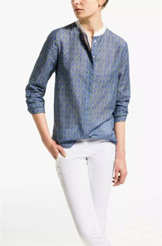 Women feminine blouse Fashion chain Print Standing collar office lady sexy blue shirt Long Sleeve casual Brand tops