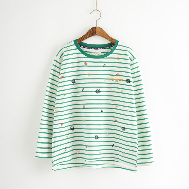 Women Green Striped print T-shirts fashion Embroidery O-Neck shirt Outerwear loose casual batwing sleeve Brand Tops