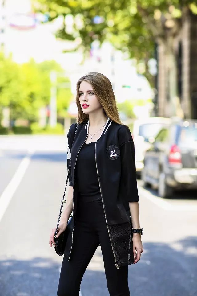 Women Jacket Fashion European style Paillette Patch Zipper Gauze Patchwork long Coat Casual Long sleeve loose brand tops