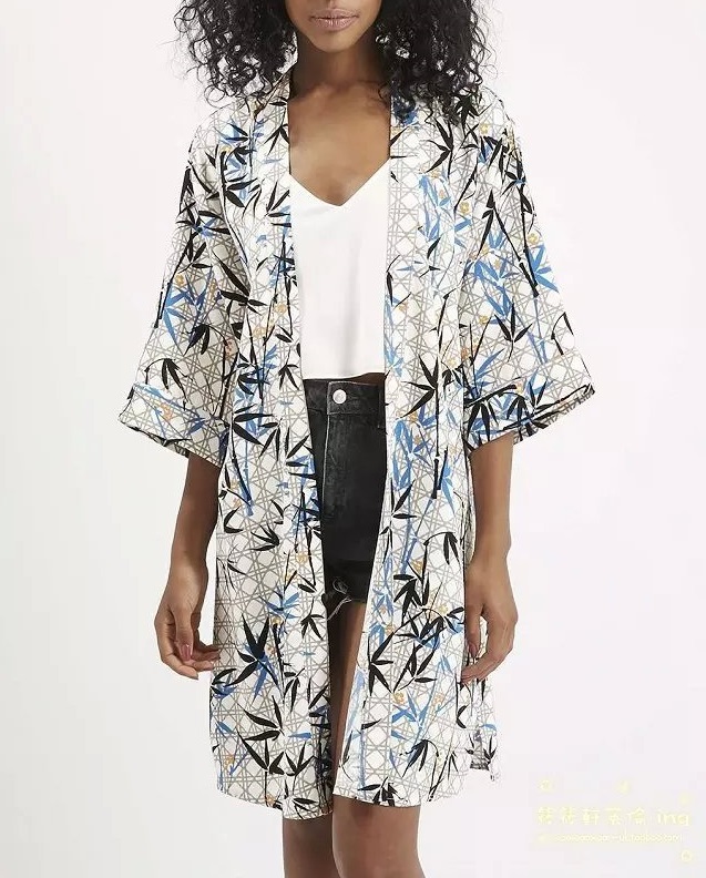 Women kimono New Vintage Fashion Bamboo leaves Print Bat sleeve Cloak loose coat jacket outwear casual tops