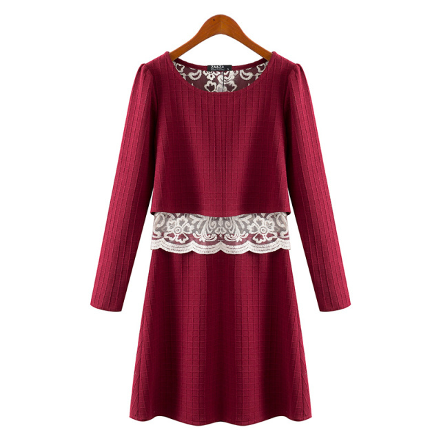 Women knitted Fashion Red long Sleeve Lace O Neck Back split Winter Dress Casual Brand Loose vestidos