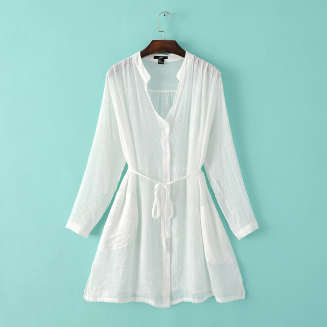 Women Long Shirt Dress Fashion Chiffon thin V neck long Sleeve with belt Pocket White casual brand vestidos femininos