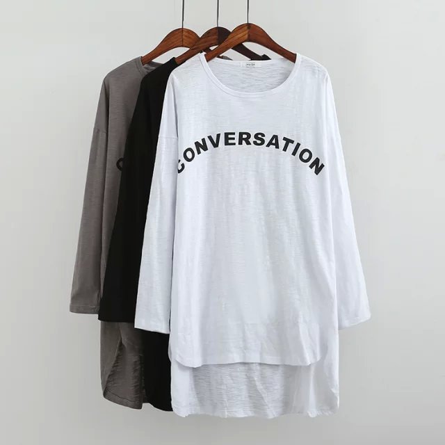 Women long T-shirts Fashion cotton Irregular Hem Letter print long sleeve T shirt Casual brand tops camisetas mujer