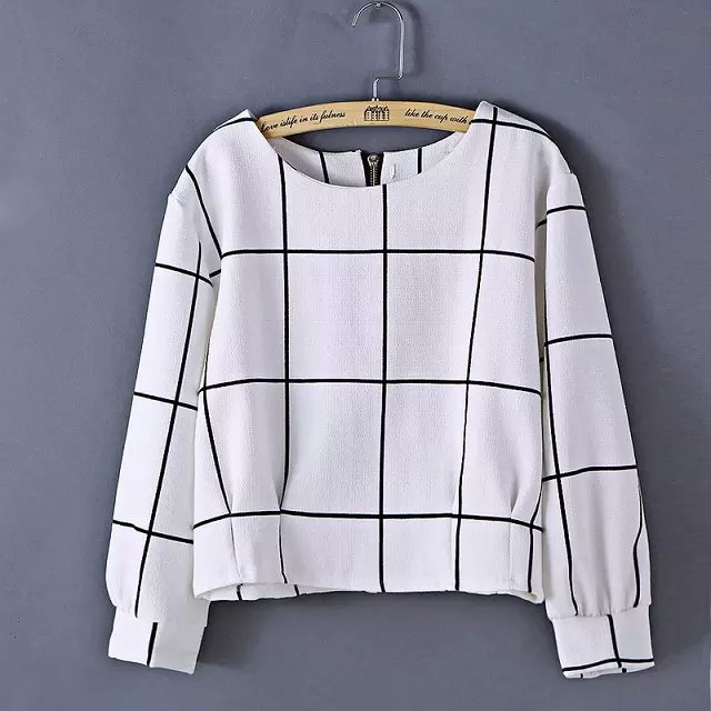 Women Plaid Crop Blouse Fashion White Sweet Streetwear Back Zipper long Sleeve shirt blusas camisa