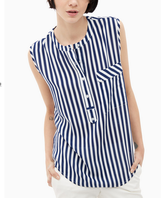 Women Sleeveless Blouse Fashion blue striped print O Neck Pocket shirt blusas camisa casual loose Brand tops