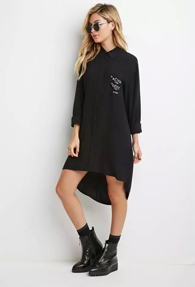Women Spring Fashion black Letter print pocket long Sleeve Turn-down collar Irregular side open button casual Shirt Dress