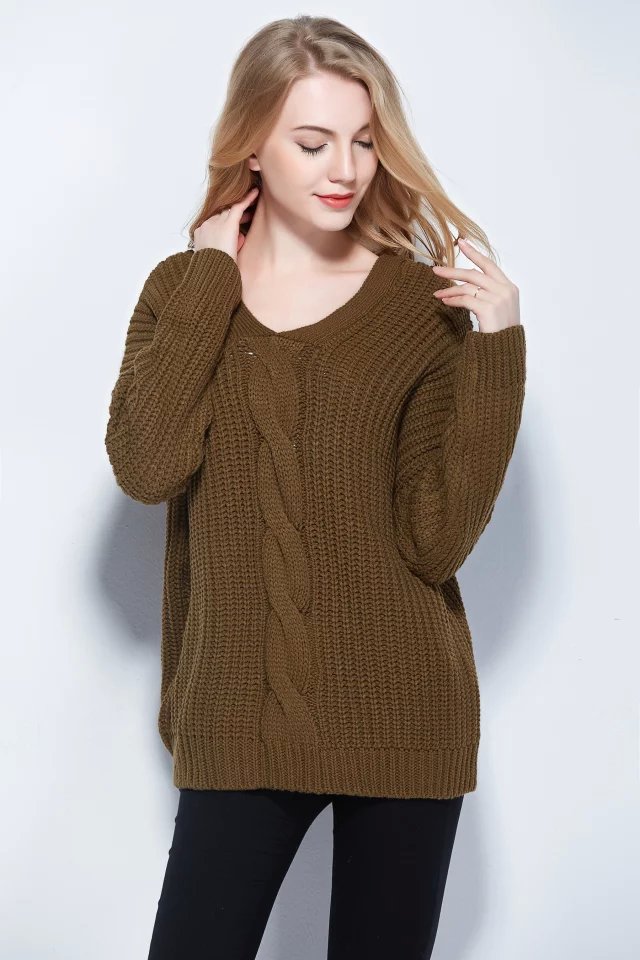 Women sweaters Autumn Fashion Twist Army green Pullover knitwear v-neck batwing sleeve back button Casual knitted brand