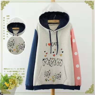 Women sweatshirt Fashion winter thick cotton heart Cat print Color Matching pullover Casual hoodies drawstring hooded brand