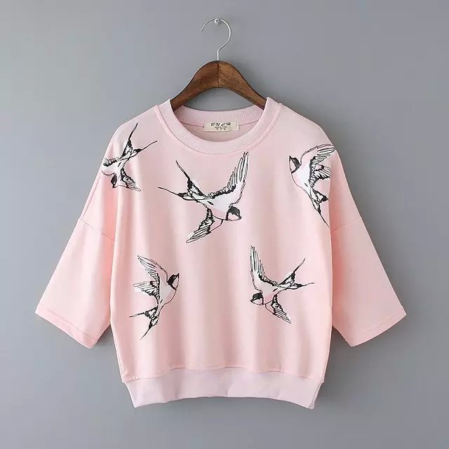Women Sweatshirts Autumn Fashion Brief Bird Print Gray Pink sport Pullover knitwear Half Sleeve Casual brand tops