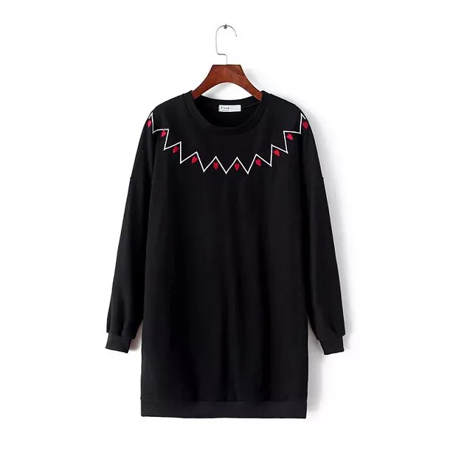 Women Sweatshirts Fashion black Heart wave Embroidery long Pullover O-neck long sleeve hoodies Casual brand tops
