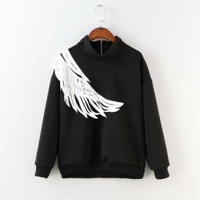 Women Sweatshirts Fashion black Wing Patchwork Sports Pullover Turtleneck back zipper hoodies Casual brand plus size