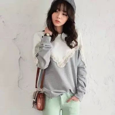 Women sweatshirts Fashion elegant sweet lace patchwork long sleeve pullover Casual O-neck hoodies brand Tops